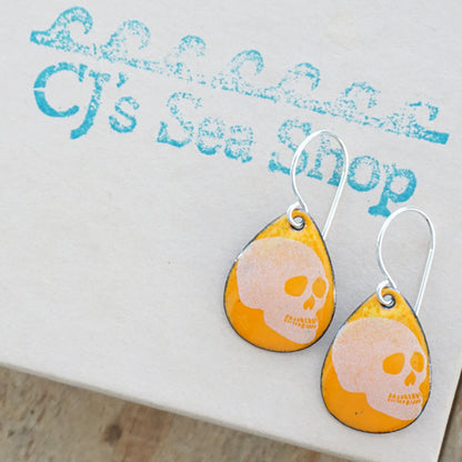 CLEARANCE Skulls on Orange Enamel Teardrop Earrings