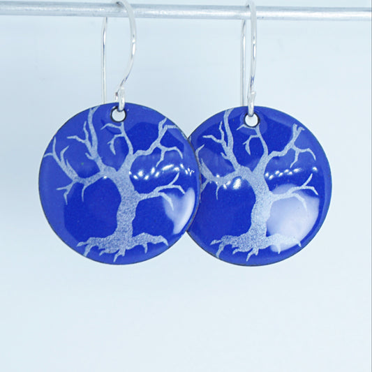 Spooky Trees on Cobalt Blue Enamel Disc Earrings