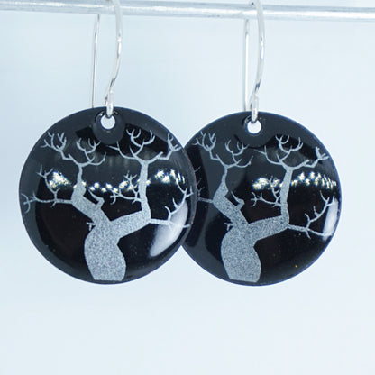 CLEARANCE Spooky Trees on Black Enamel Disc Earrings