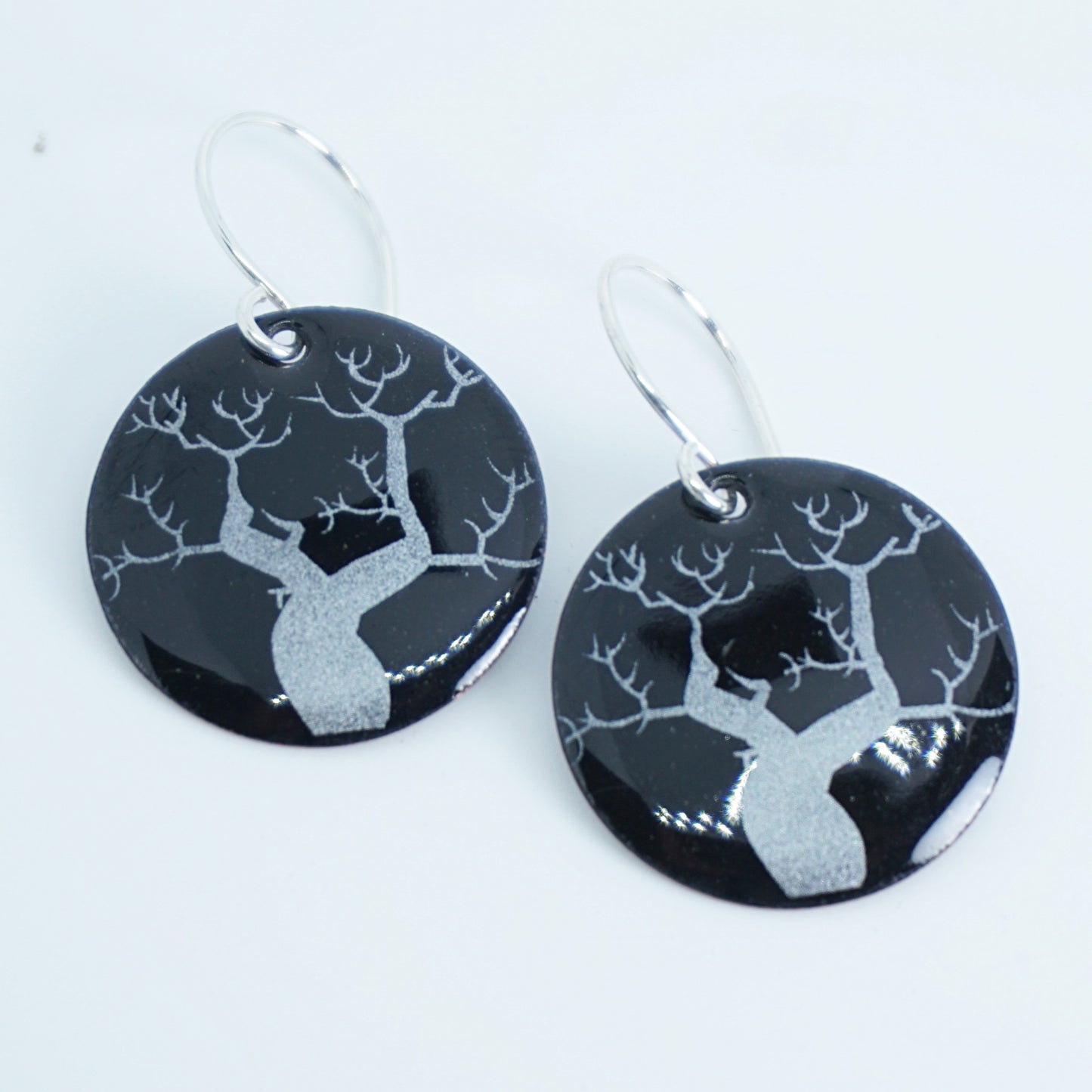 CLEARANCE Spooky Trees on Black Enamel Disc Earrings