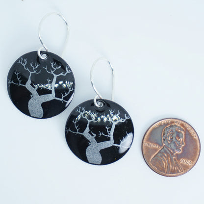 CLEARANCE Spooky Trees on Black Enamel Disc Earrings