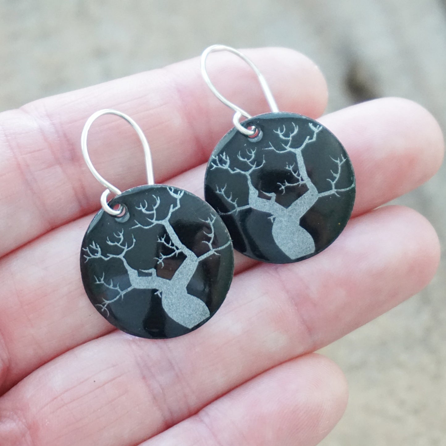 CLEARANCE Spooky Trees on Black Enamel Disc Earrings