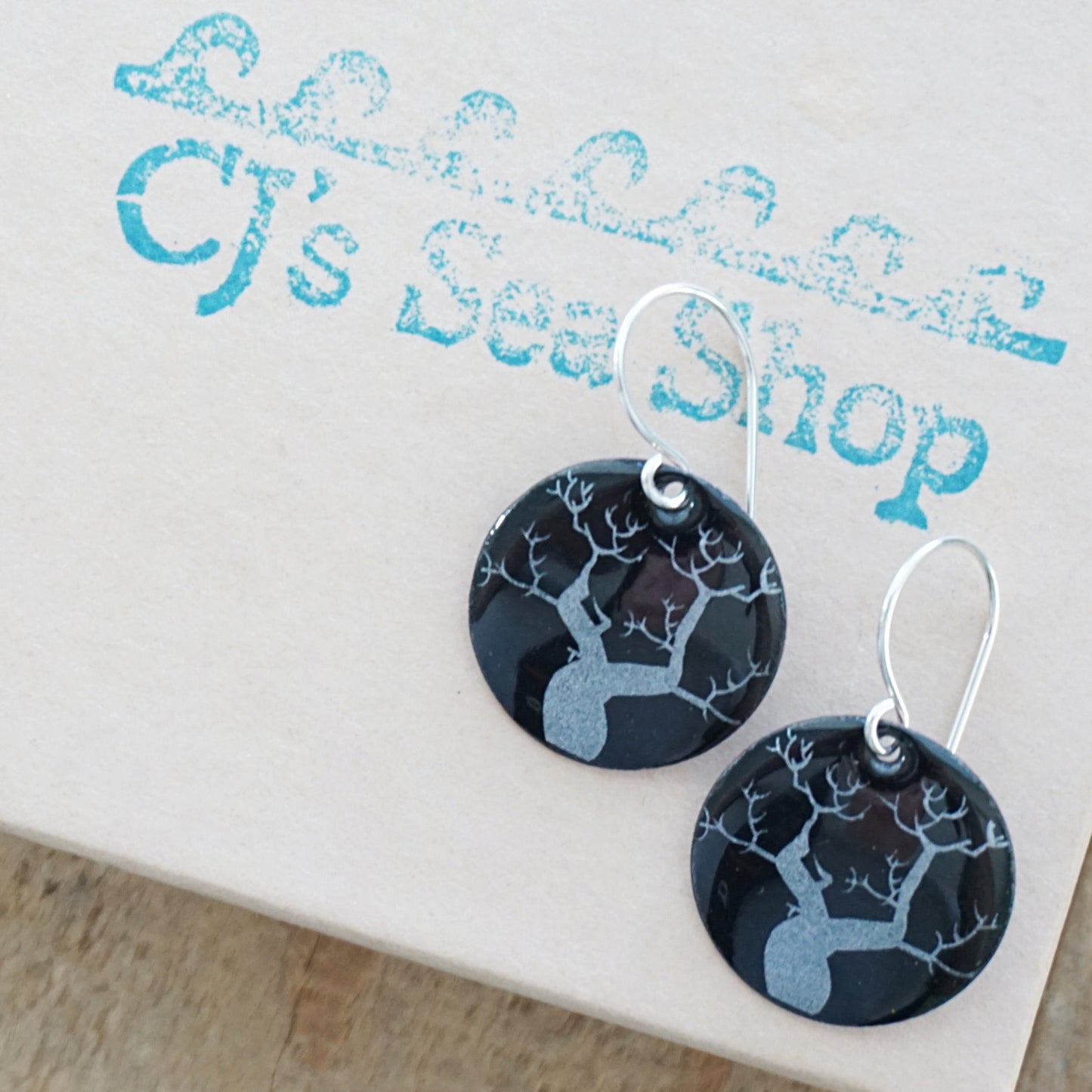 CLEARANCE Spooky Trees on Black Enamel Disc Earrings