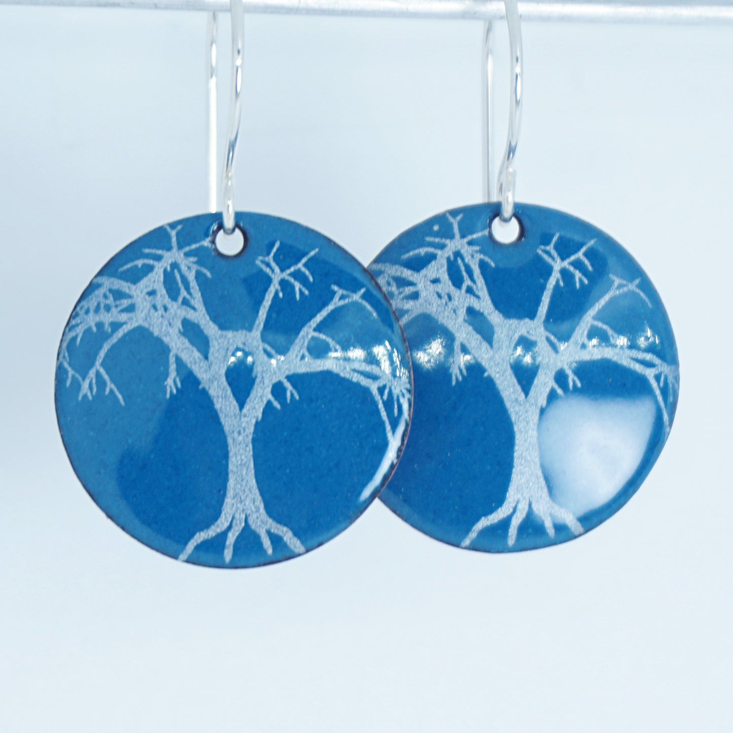 CLEARANCE Spooky Trees on Peacock Teal Blue Enamel Disc Earrings