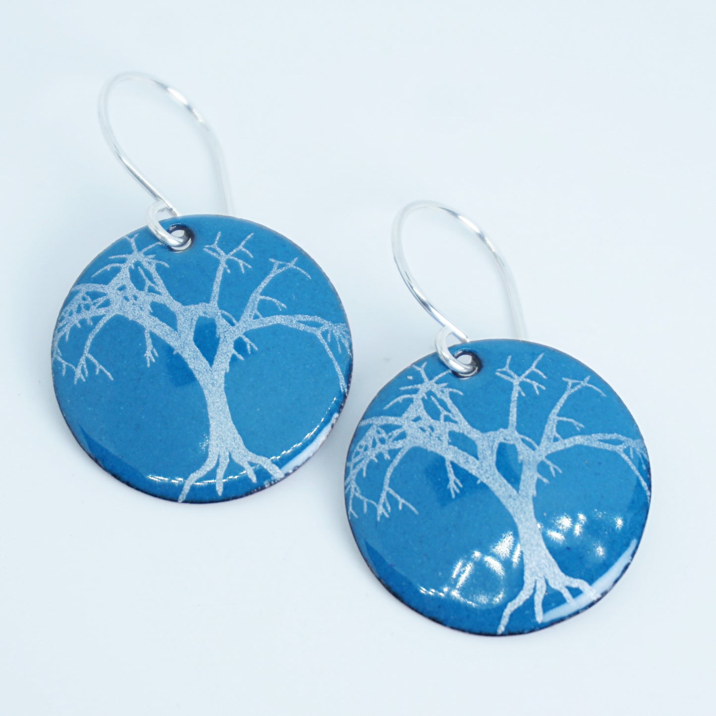 CLEARANCE Spooky Trees on Peacock Teal Blue Enamel Disc Earrings