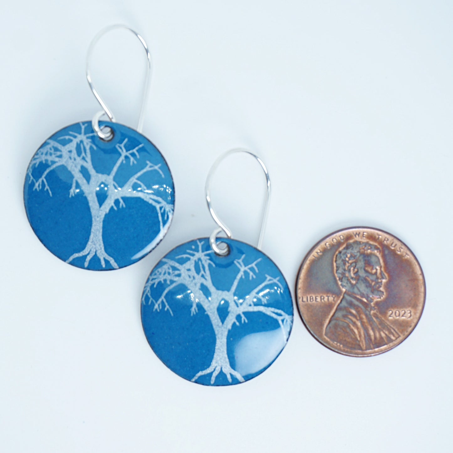 CLEARANCE Spooky Trees on Peacock Teal Blue Enamel Disc Earrings