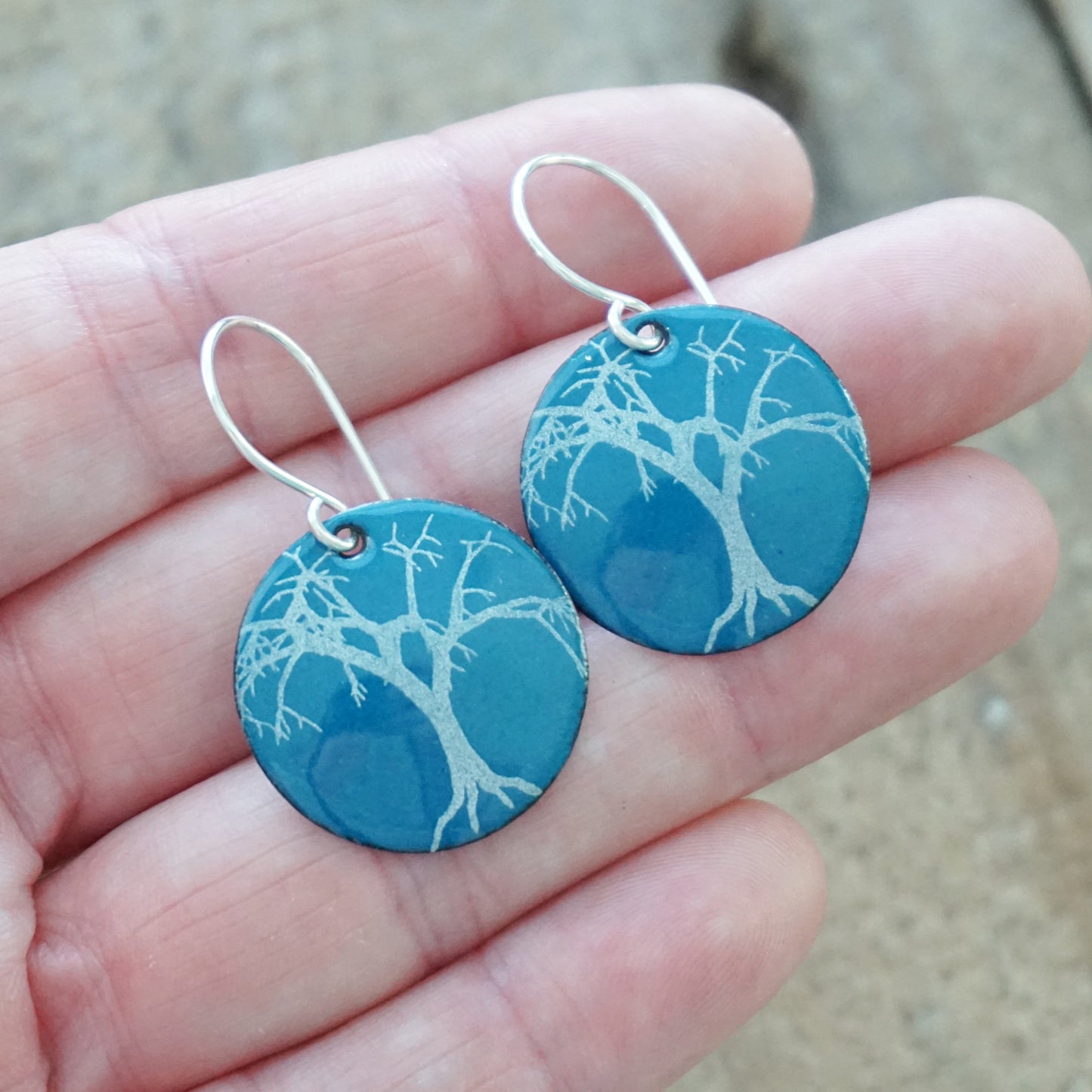 CLEARANCE Spooky Trees on Peacock Teal Blue Enamel Disc Earrings