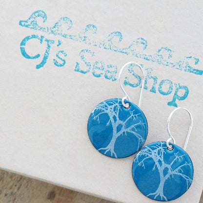 CLEARANCE Spooky Trees on Peacock Teal Blue Enamel Disc Earrings