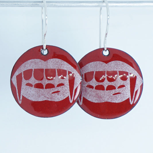 Vampire Teeth on Red Enamel Disc Earrings