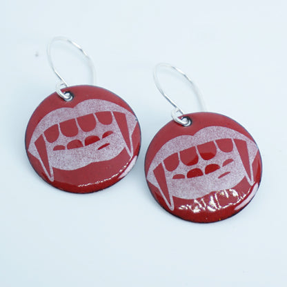 Vampire Teeth on Red Enamel Disc Earrings