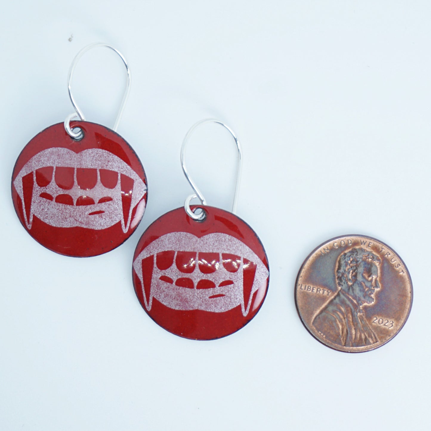 Vampire Teeth on Red Enamel Disc Earrings