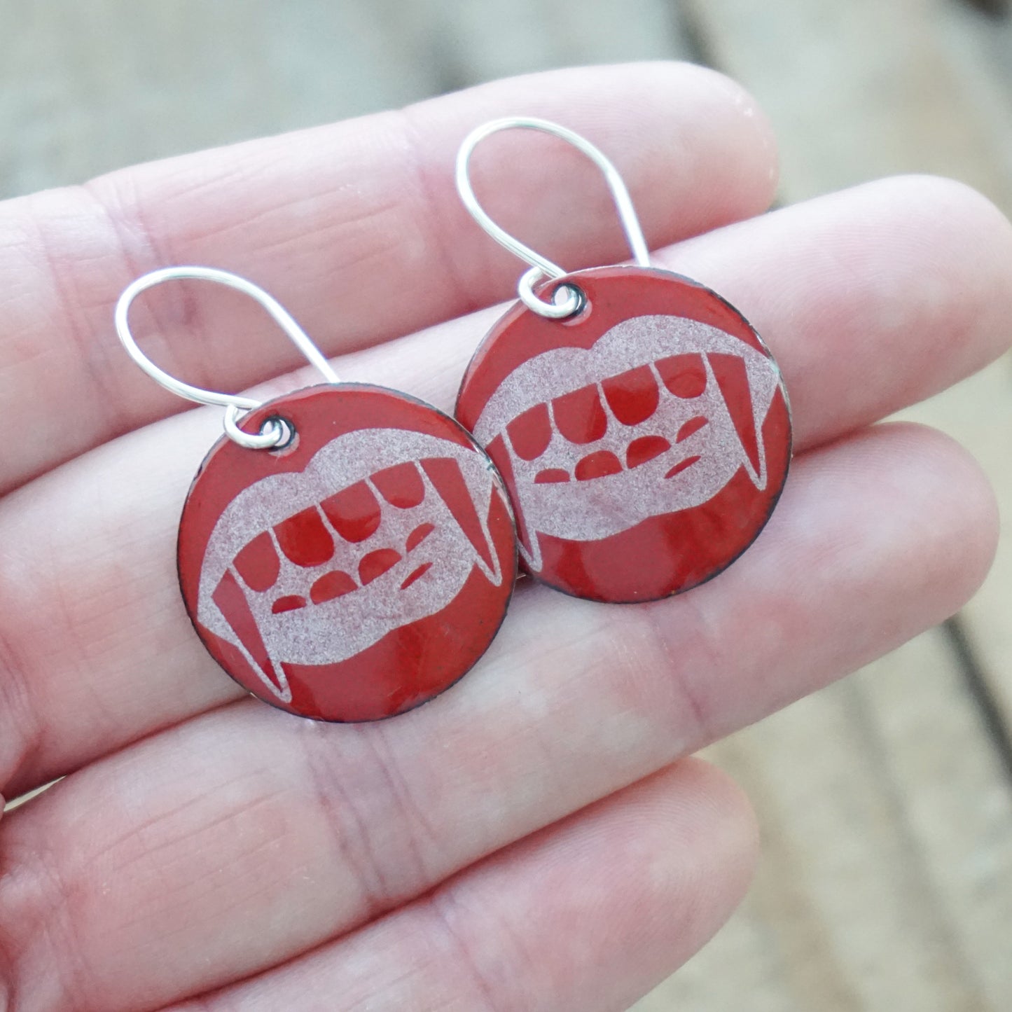 Vampire Teeth on Red Enamel Disc Earrings