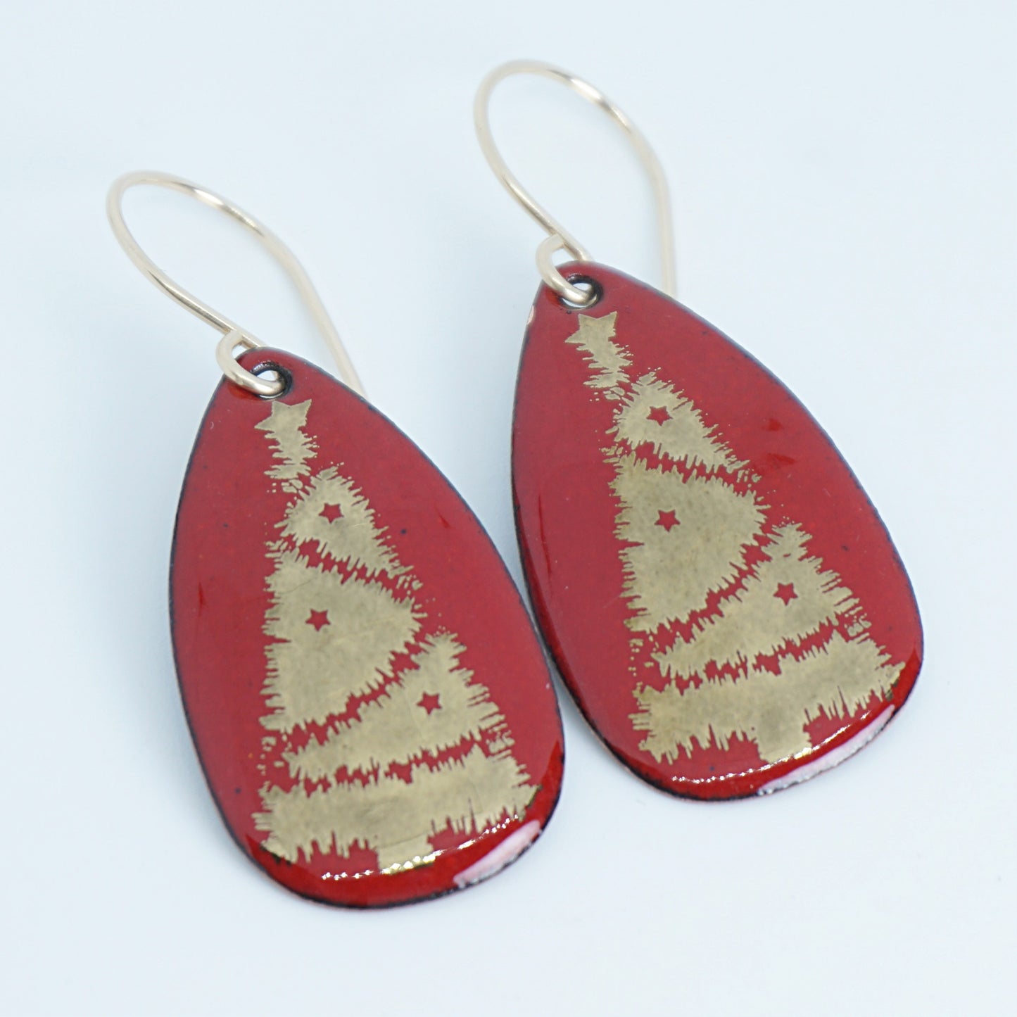 Gold Christmas Trees on Red Enamel Teardrop Earrings