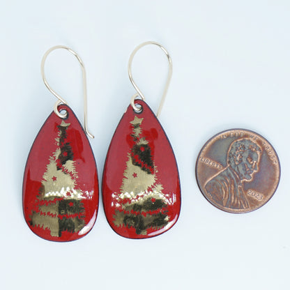 Gold Christmas Trees on Red Enamel Teardrop Earrings