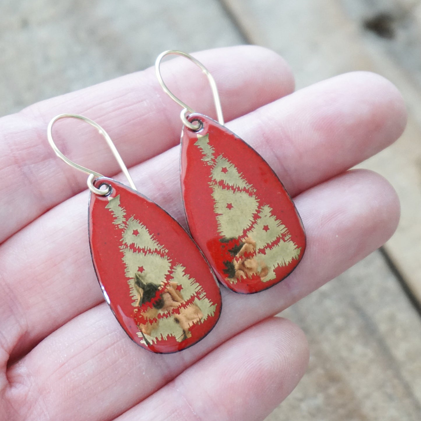 Gold Christmas Trees on Red Enamel Teardrop Earrings