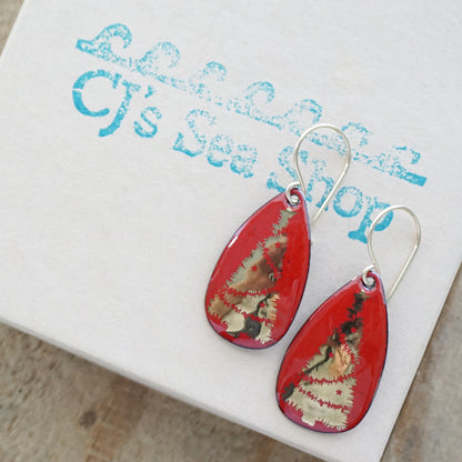 Gold Christmas Trees on Red Enamel Teardrop Earrings