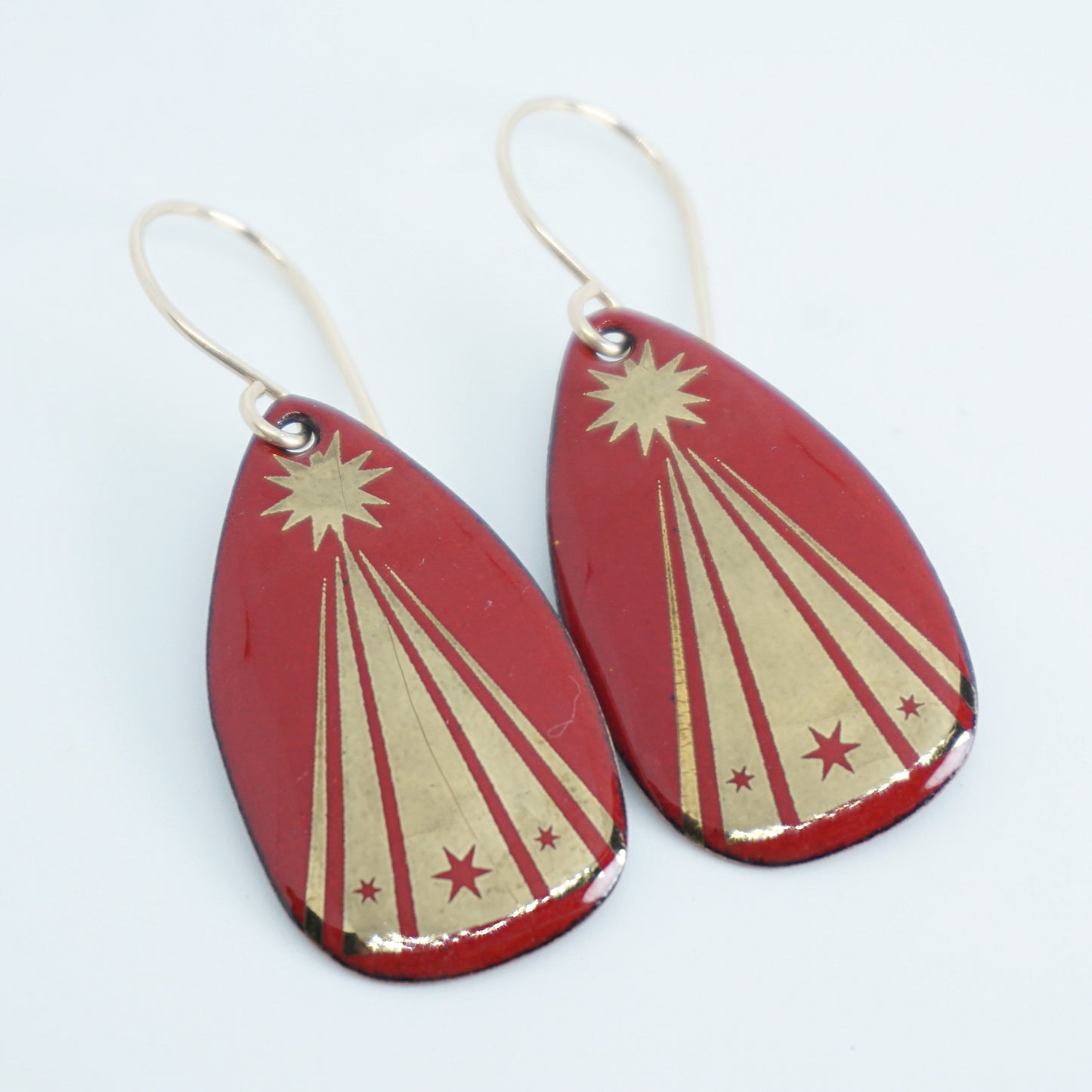 Gold Christmas Trees on Red Enamel Teardrop Earrings