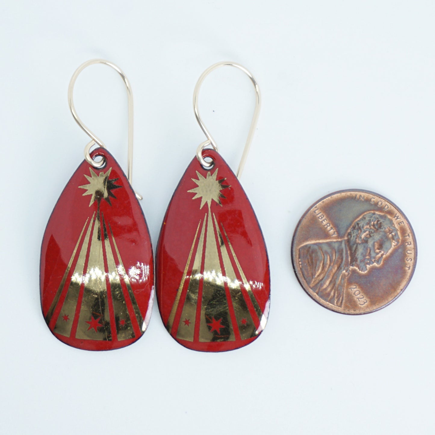 Gold Christmas Trees on Red Enamel Teardrop Earrings