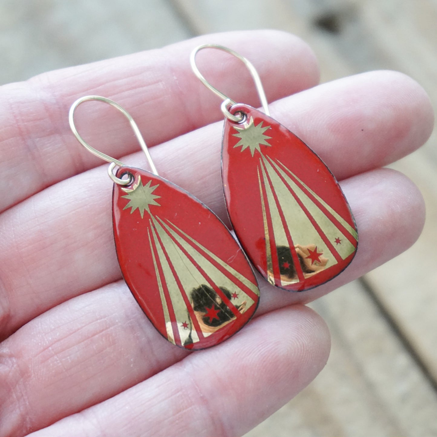 Gold Christmas Trees on Red Enamel Teardrop Earrings