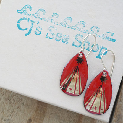 Gold Christmas Trees on Red Enamel Teardrop Earrings