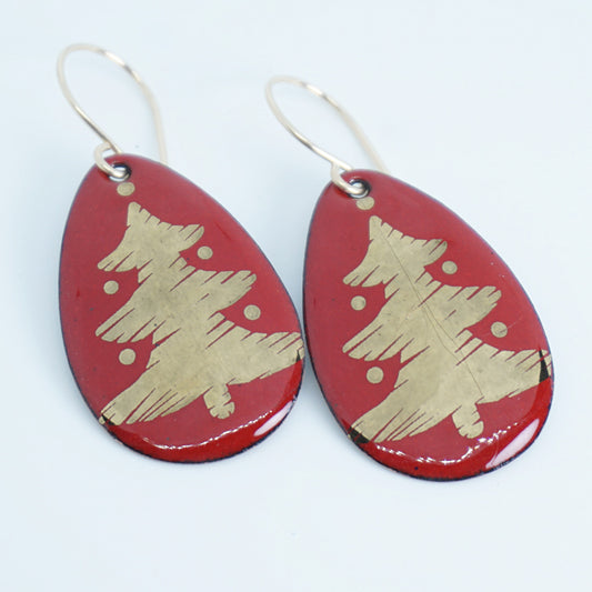 Gold Christmas Trees on Red Enamel Teardrop Earrings