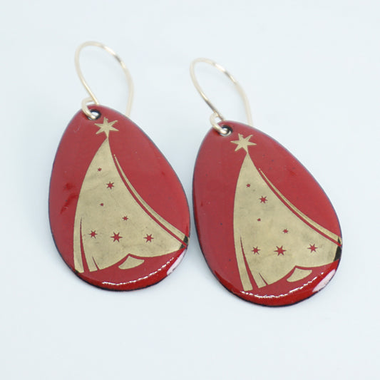 Gold Christmas Trees on Red Enamel Teardrop Earrings