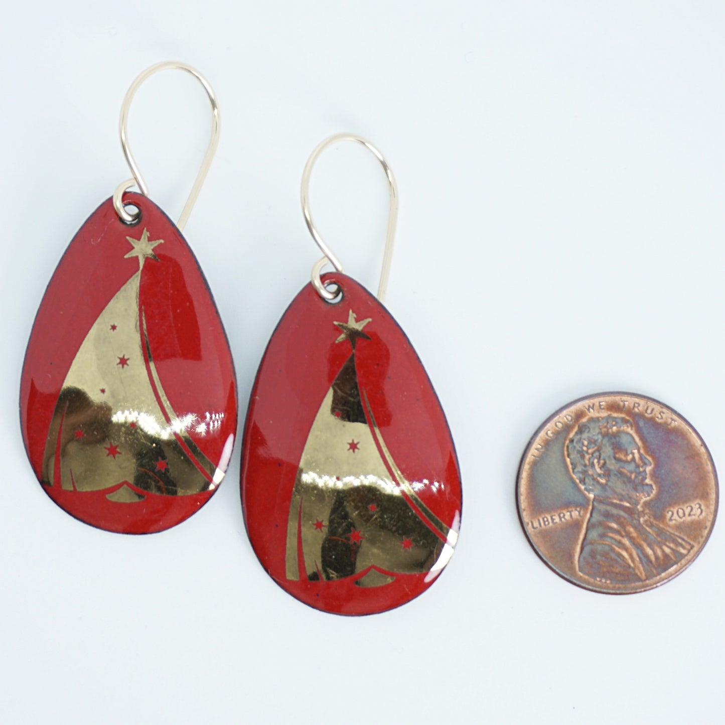 Gold Christmas Trees on Red Enamel Teardrop Earrings