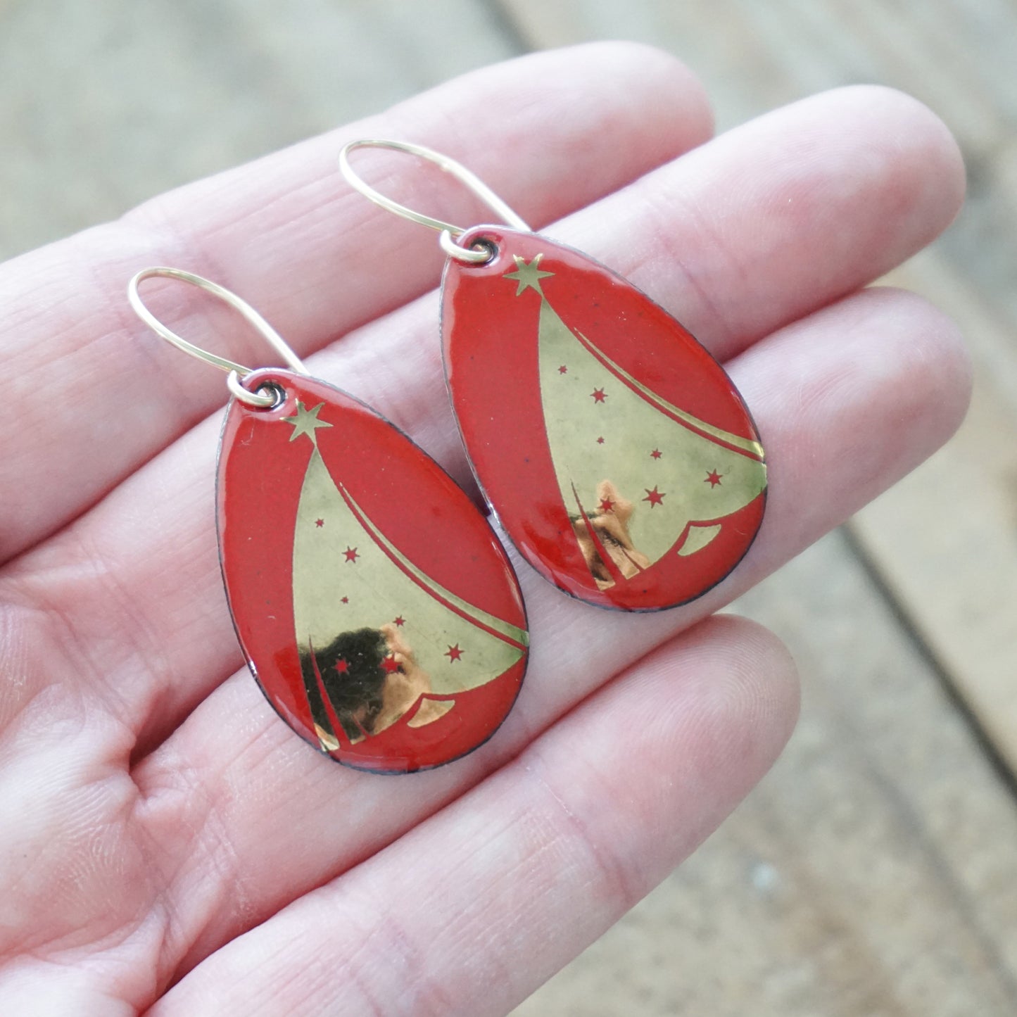 Gold Christmas Trees on Red Enamel Teardrop Earrings