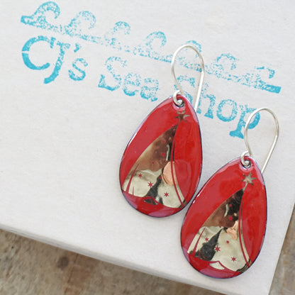 Gold Christmas Trees on Red Enamel Teardrop Earrings