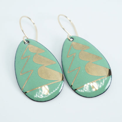 Gold Christmas Trees on Green Enamel Teardrop Earrings