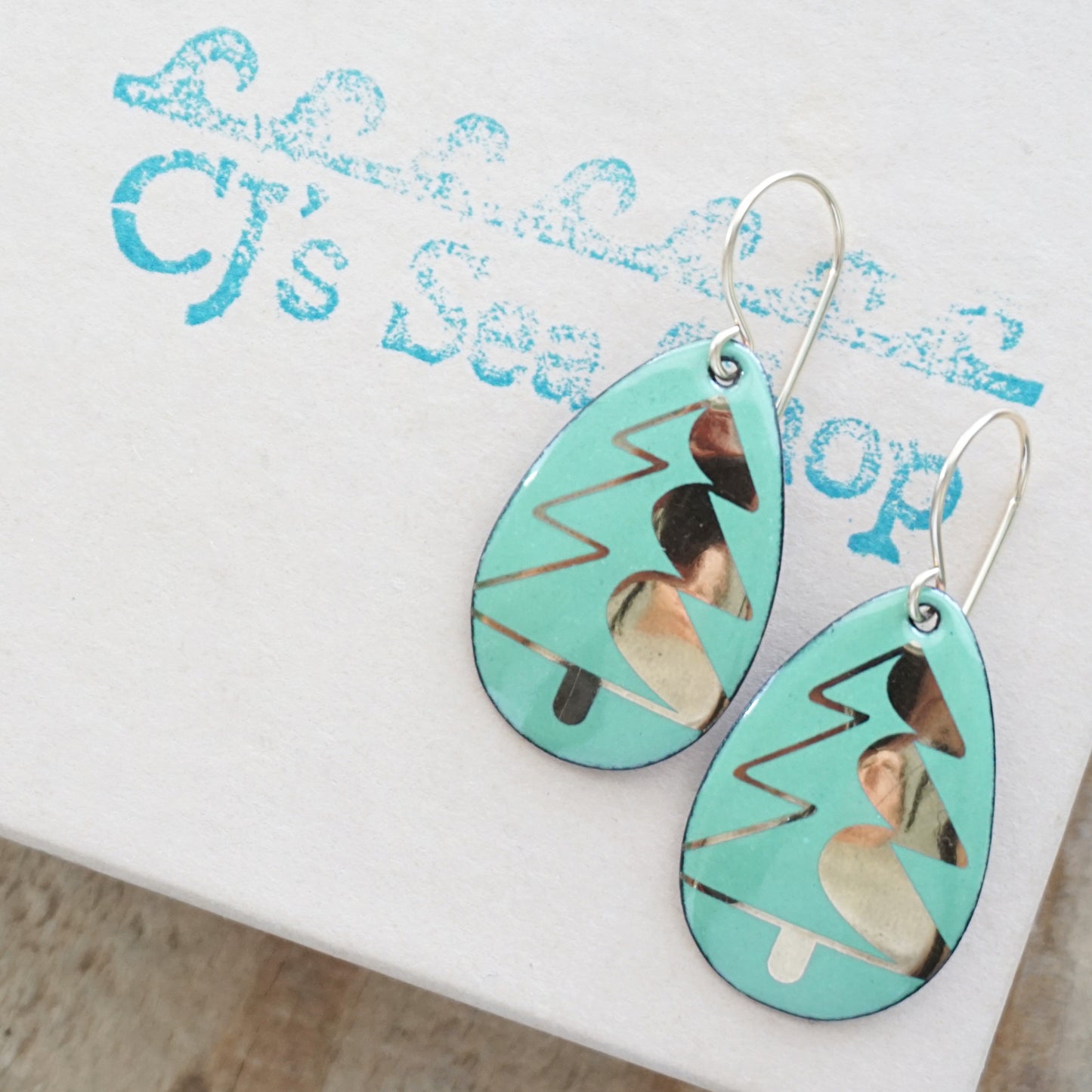 Gold Christmas Trees on Green Enamel Teardrop Earrings