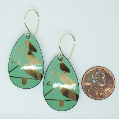 Gold Christmas Trees on Green Enamel Teardrop Earrings