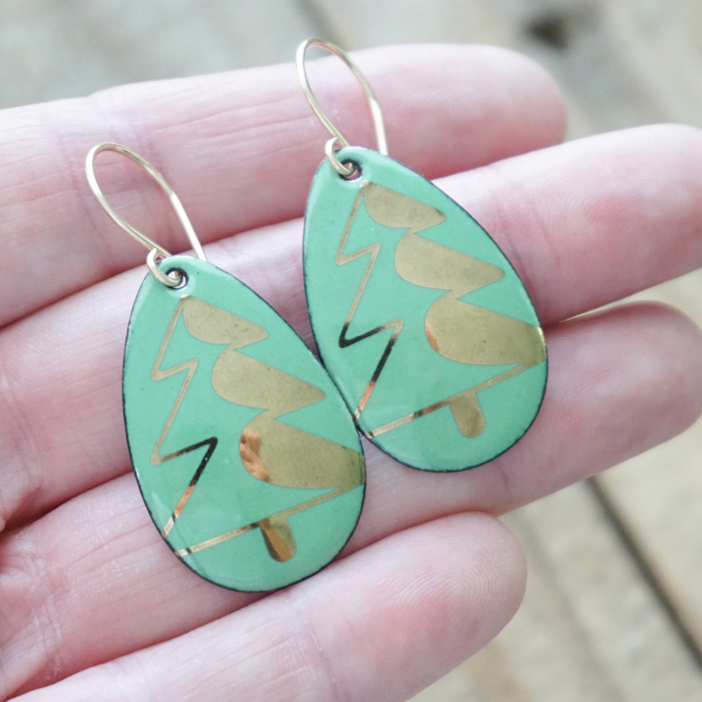 Gold Christmas Trees on Green Enamel Teardrop Earrings