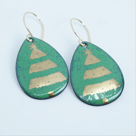 Gold Christmas Trees on Green Enamel Teardrop Earrings