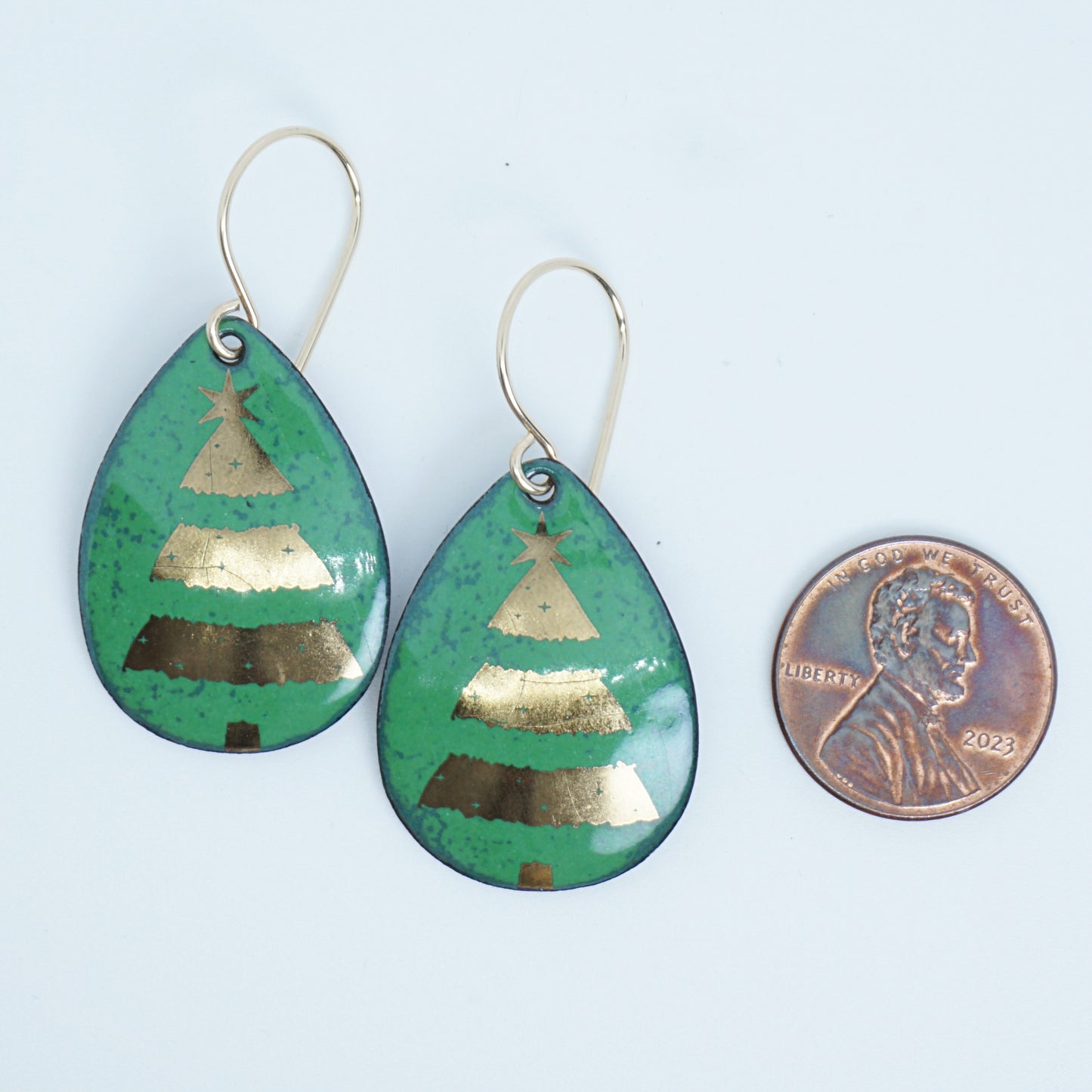 Gold Christmas Trees on Green Enamel Teardrop Earrings