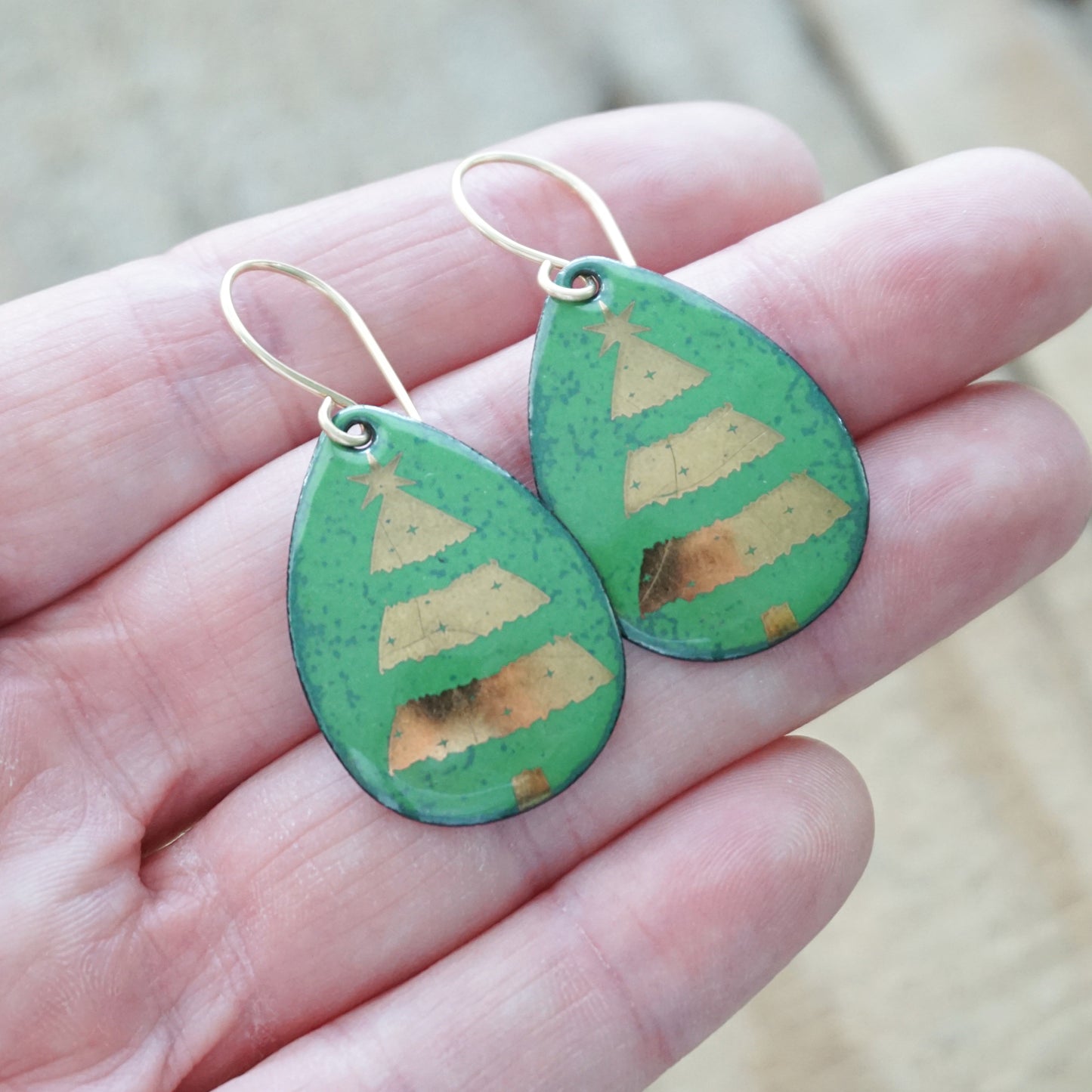 Gold Christmas Trees on Green Enamel Teardrop Earrings