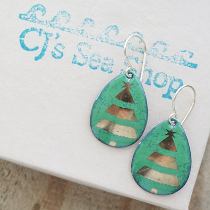 Gold Christmas Trees on Green Enamel Teardrop Earrings