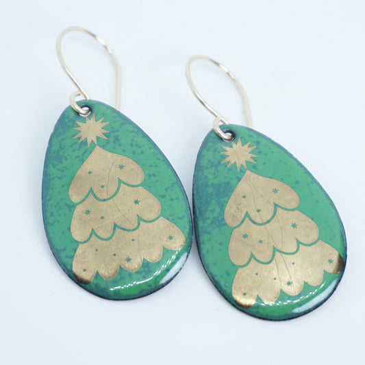 Gold Christmas Trees on Green Enamel Teardrop Earrings