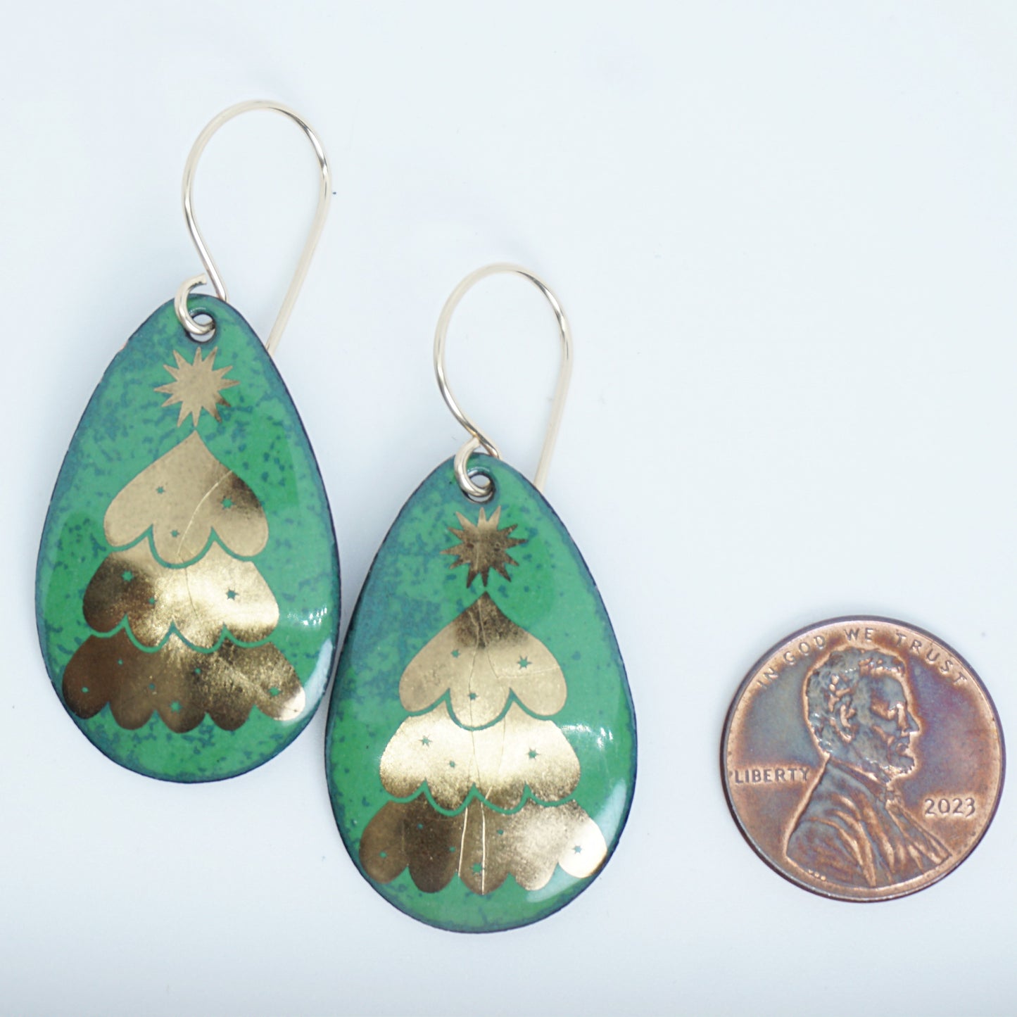 Gold Christmas Trees on Green Enamel Teardrop Earrings