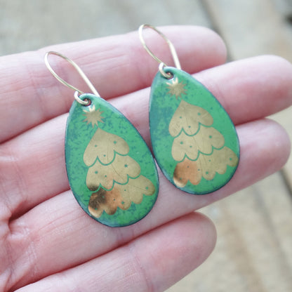 Gold Christmas Trees on Green Enamel Teardrop Earrings