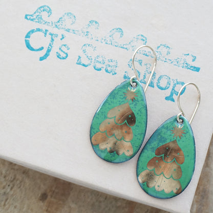 Gold Christmas Trees on Green Enamel Teardrop Earrings