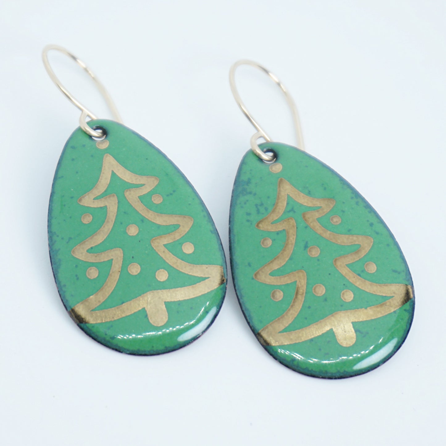 Gold Christmas Trees on Green Enamel Teardrop Earrings