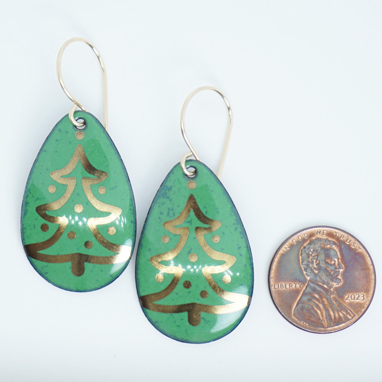 Gold Christmas Trees on Green Enamel Teardrop Earrings