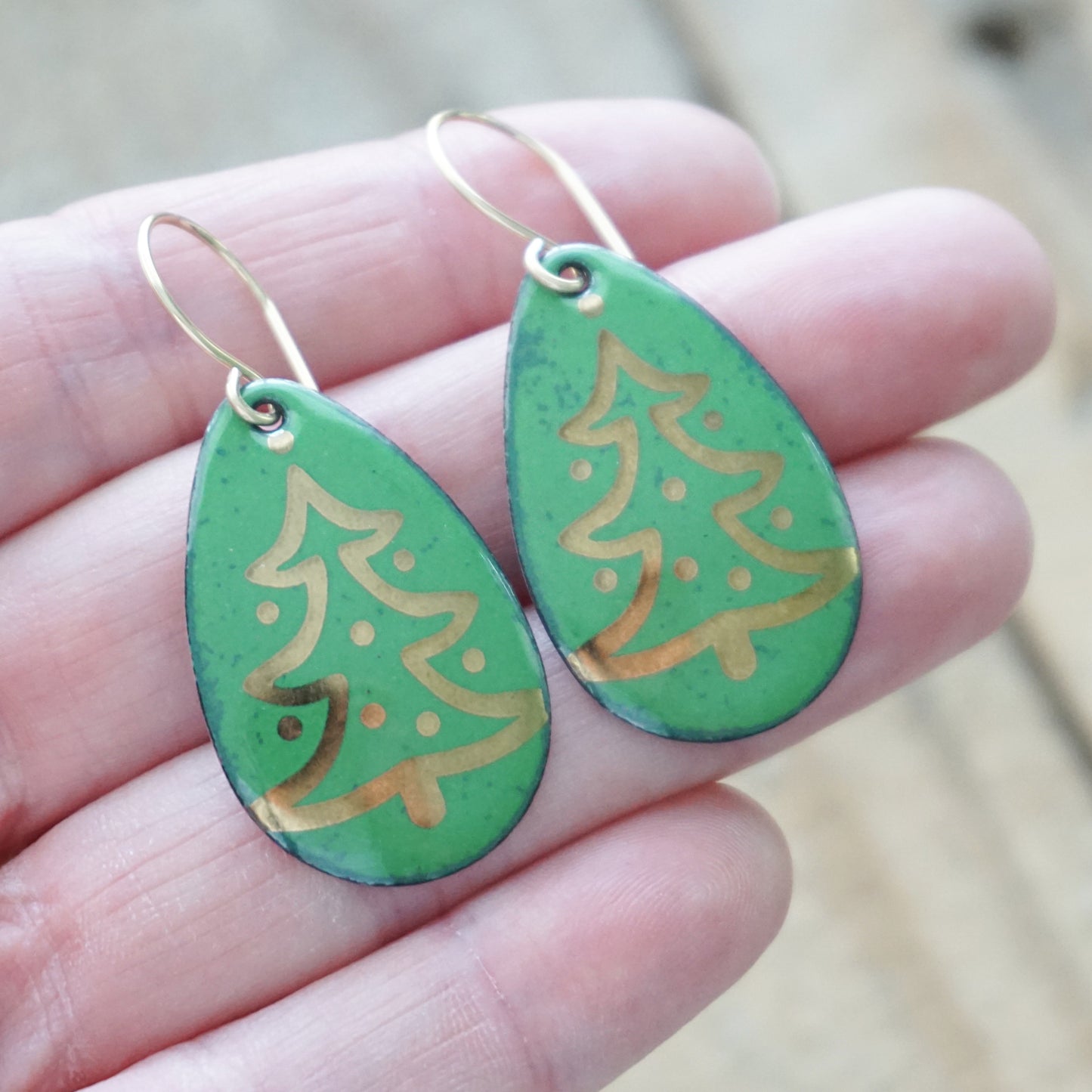 Gold Christmas Trees on Green Enamel Teardrop Earrings