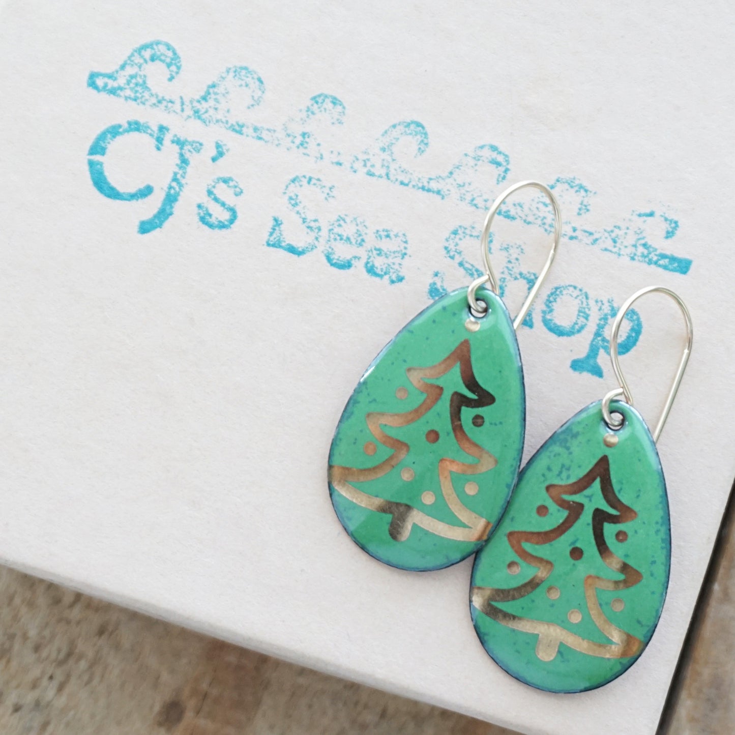 Gold Christmas Trees on Green Enamel Teardrop Earrings