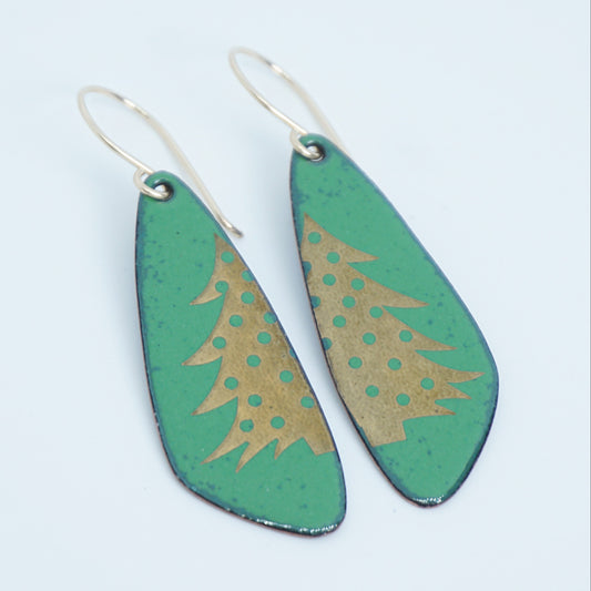 Gold Christmas Trees on Green Enamel Teardrop Earrings