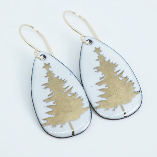 Gold Christmas Trees on White Enamel Teardrop Earrings