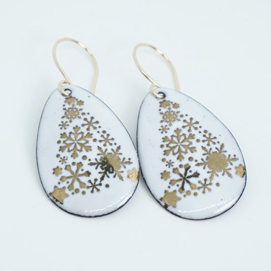 Gold Christmas Trees on White Enamel Teardrop Earrings