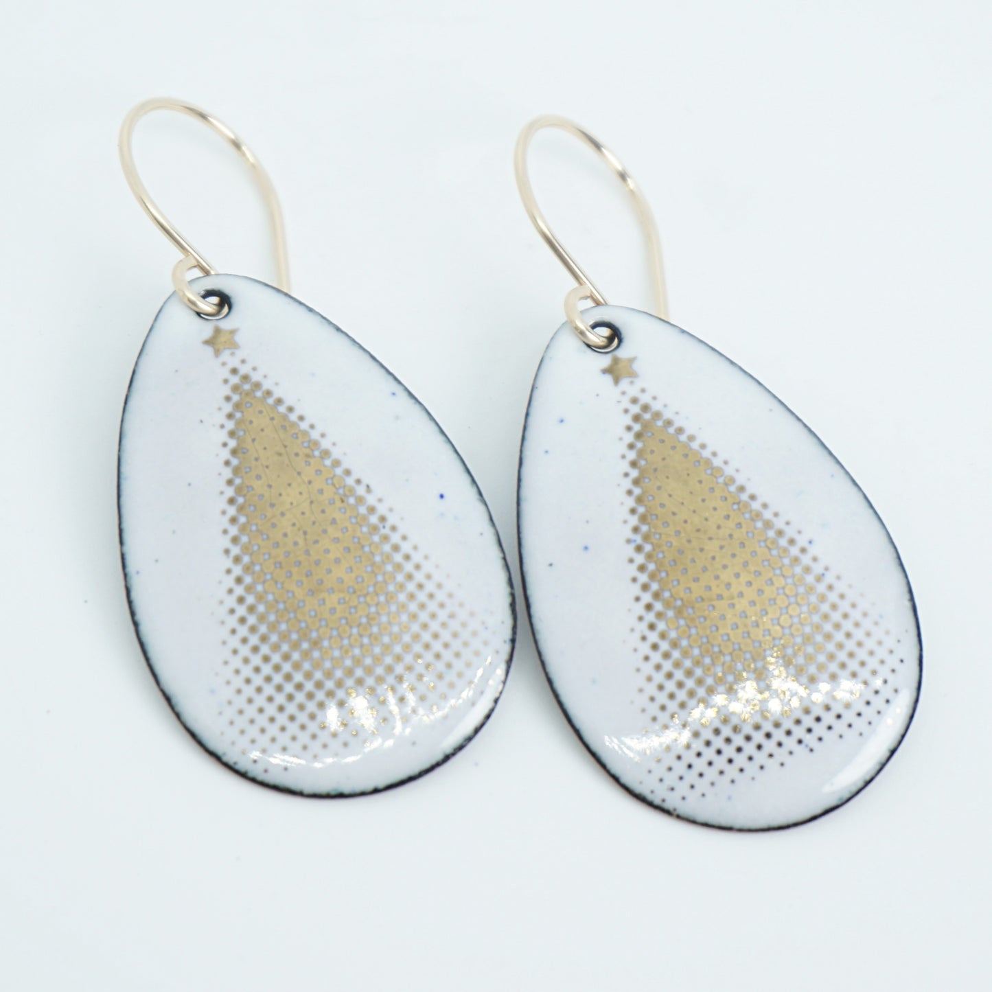 Gold Christmas Trees on White Enamel Teardrop Earrings