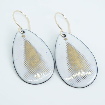 Gold Christmas Trees on White Enamel Teardrop Earrings